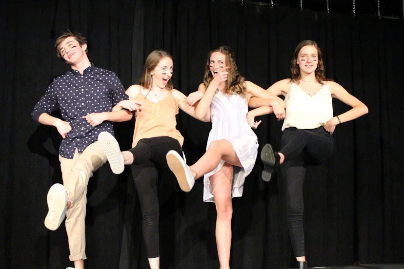 Sophomore Jack Yampolsky, junior Isabelle Knowles, senior Megan Yarnall, and senior Carter Warner perform during Improvs Sept. 13 performance, the troupes first of the year. Im really proud of how weve all come together to work as a team this year, said Warner, co-captain of the troupe. Members of the troupe captured first place at an Improv tournament during the state Thespian Festival in November in Phoenix.