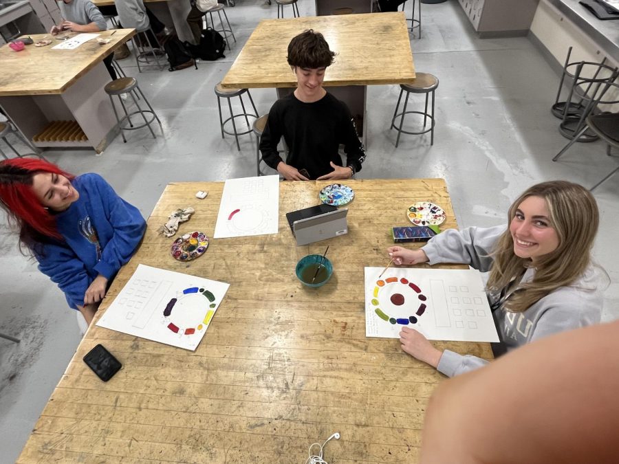OPEN YOUR MIND:Juliette Ramos (12), Ava Niven (10), and Connor McGlynn (10) are pictured creating a color wheel; the base to all artistic theory.In Art-1 I want to expose the students to a part of their brain they probably have never tapped into before, says Teacher Mr. Novak. Art is supposed to bring joy; thats what I want to see from my students. 